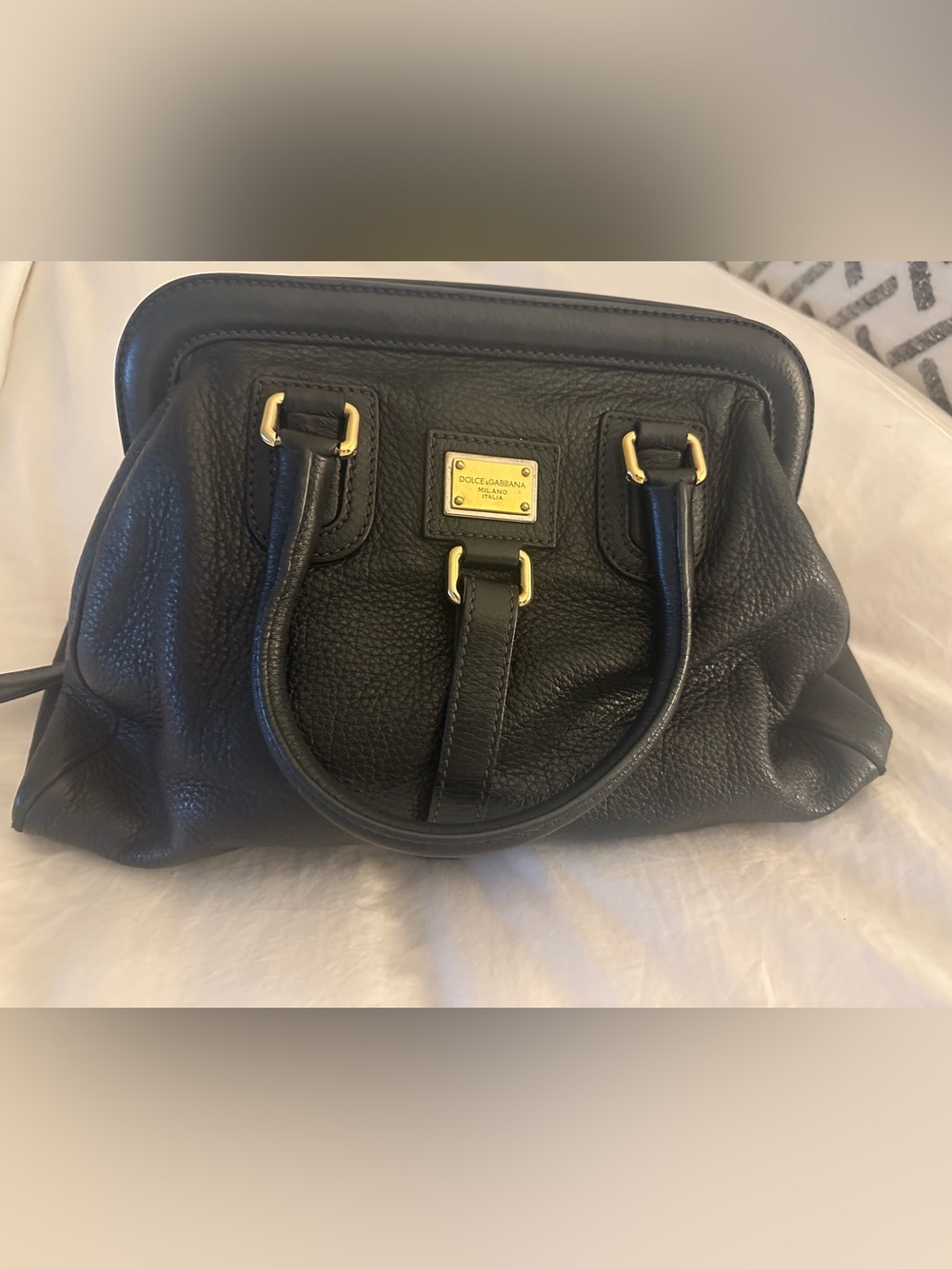 Dolce & Gabbana Black Leather Satchel with Gold Plaque